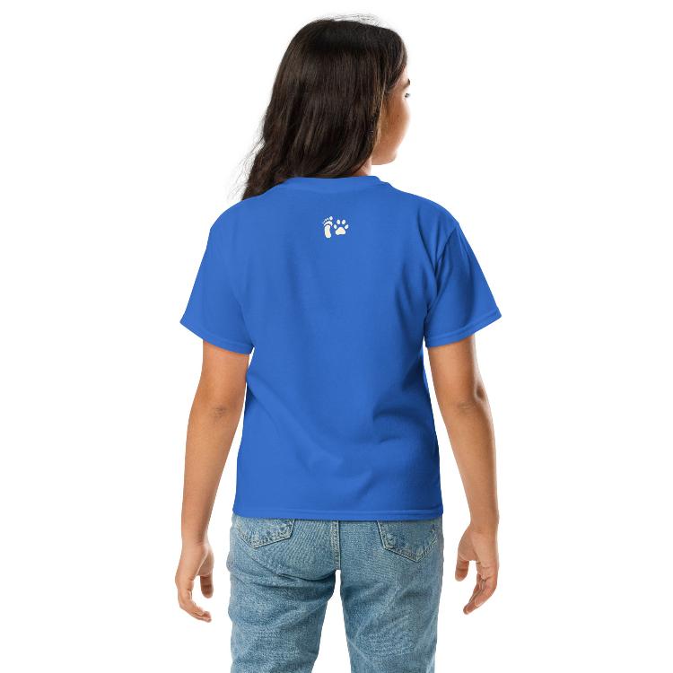 Vegetizer Youth Classic Tee featuring the All Species Equity campaign symbol and hashtag #AllSpeciesEquity. The design includes a human foot and animal paw, symbolizing unity. Made from 100% cotton, pre-shrunk fabric, classic fit, suitable for kids