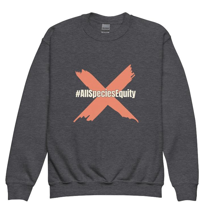 Vegetizer Youth Crewneck Sweatshirt featuring #AllSpeciesEquity symbol promoting animal rights and unity