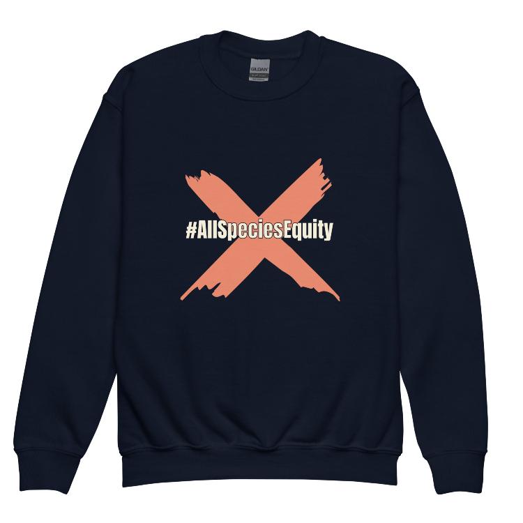 Vegetizer Youth Crewneck Sweatshirt featuring #AllSpeciesEquity symbol promoting animal rights and unity