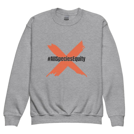 Vegetizer Youth Crewneck Sweatshirt with #AllSpeciesEquity print, promoting animal rights and equality