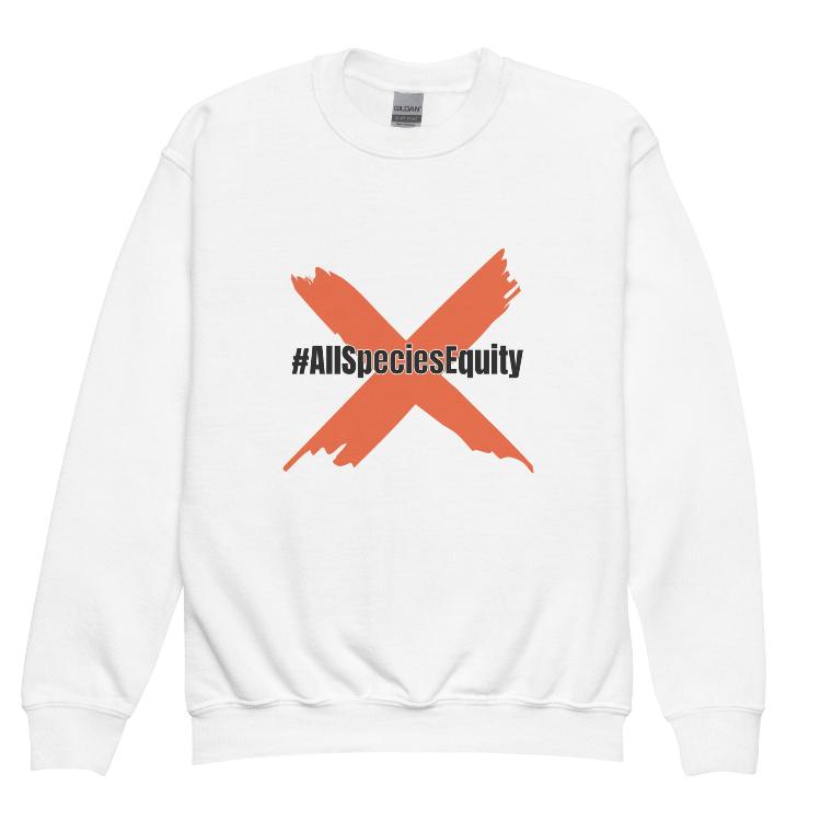 Vegetizer Youth Crewneck Sweatshirt with #AllSpeciesEquity print, promoting animal rights and equality